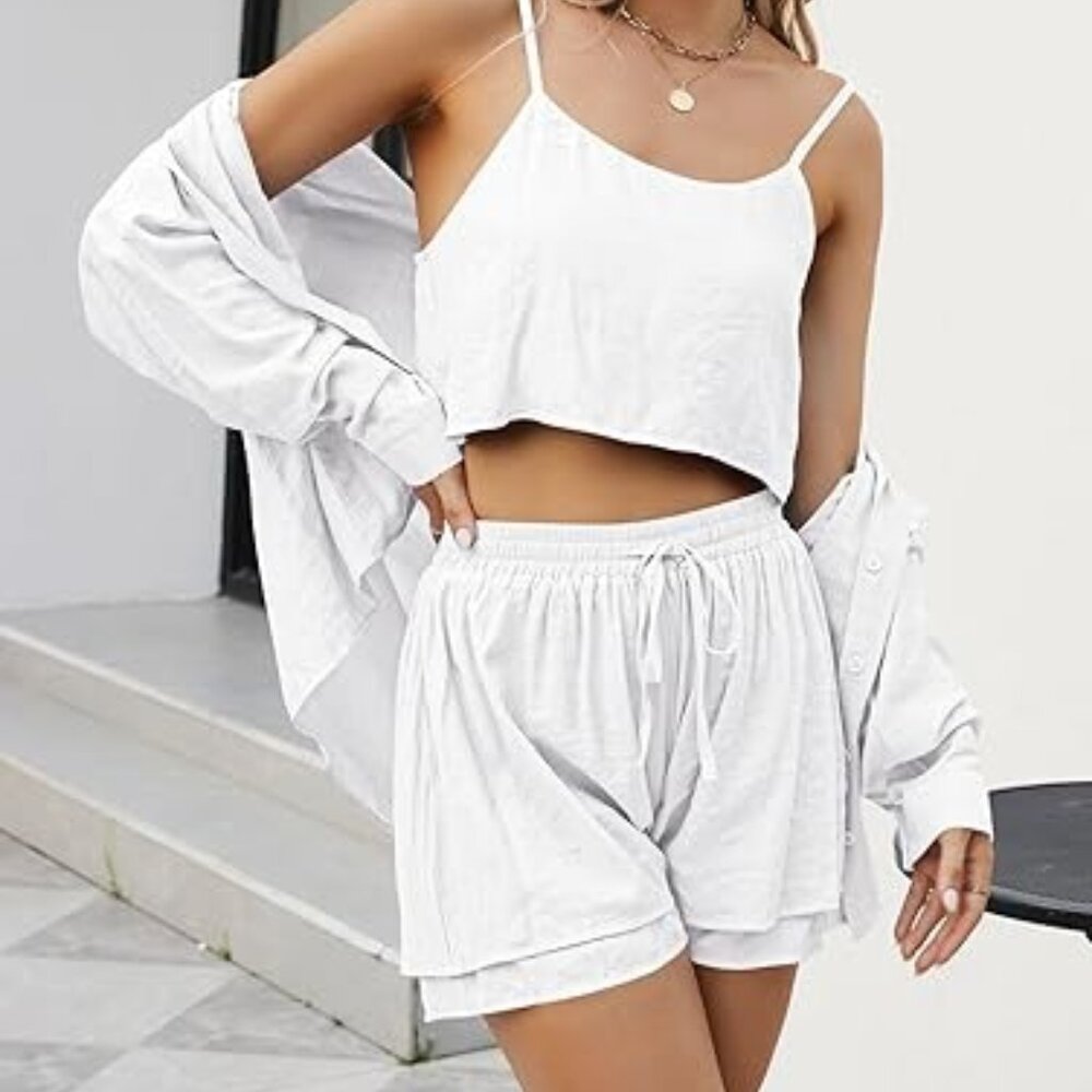 NWT 3-Piece Button Down, Crop Cami & Shorts Set Cotton Blend White Medium